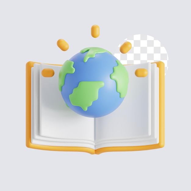 Ilustración 3D del conocimiento con globo azul en la página abierta del libro