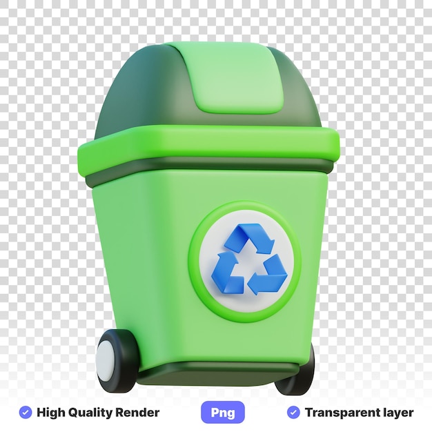 Ilustración 3D de un contenedor de reciclaje verde con un símbolo reciclable azul en un fondo transparente