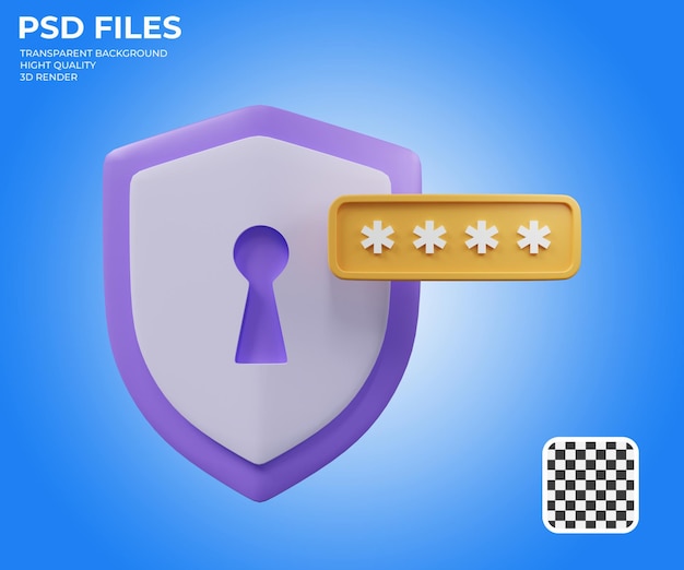 PSD ilustración 3d de la contraseña de inicio de sesión de bloqueo de escudo de concepto de seguridad