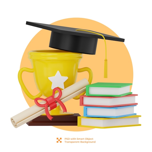 Ilustración 3d de una copa de oro y un certificado de graduación
