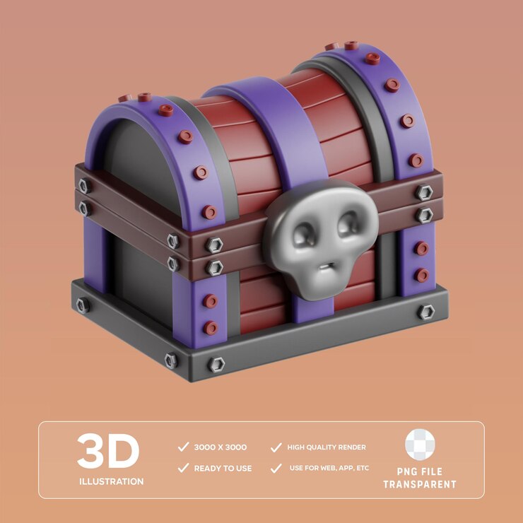 PSD ilustración 3d del cráneo del cofre del tesoro de psd