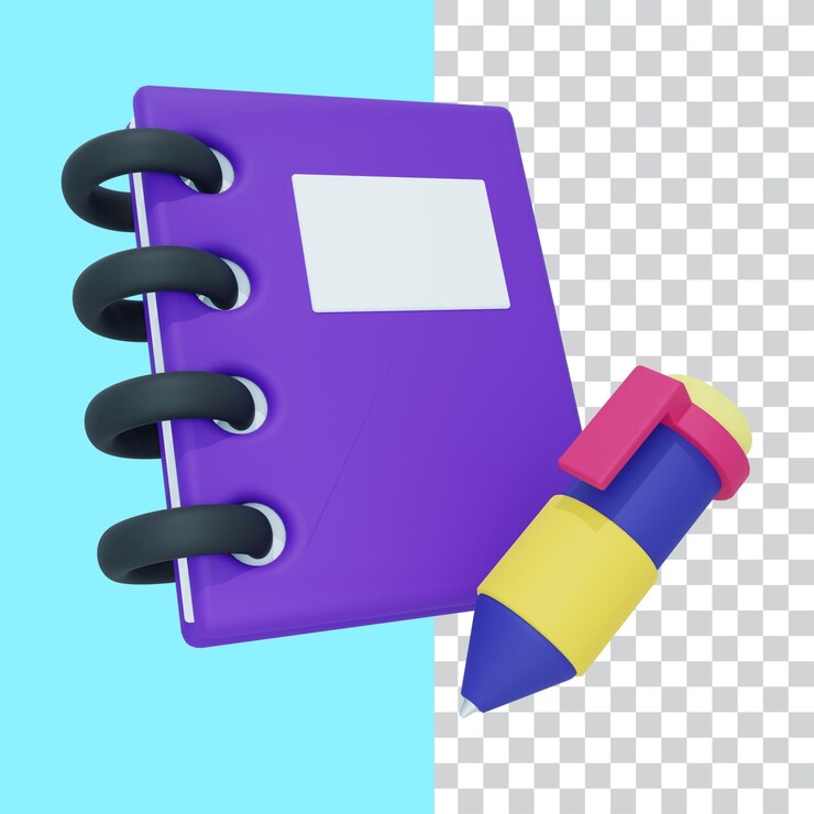 Ilustración 3D del cuaderno y el bolígrafo