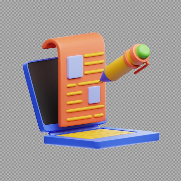 Ilustración 3D de un cuaderno de notas con un papel de escritura con pluma en un fondo transparente