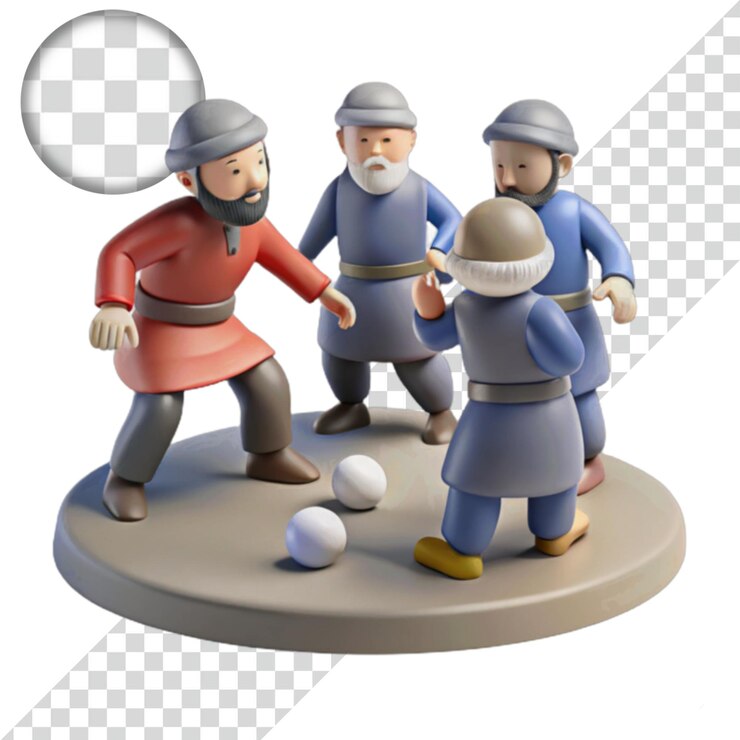 PSD ilustración 3d de cuatro figuras jugando a un juego con objetos redondos