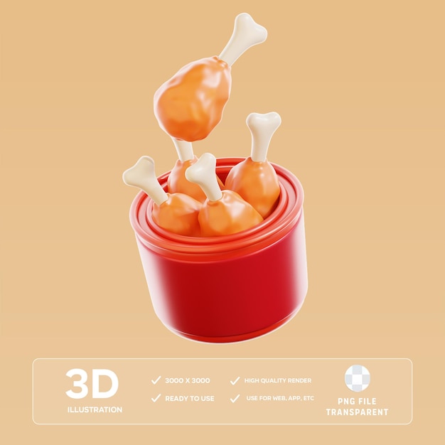 Ilustración 3D de un cubo de pollo frito en PSD