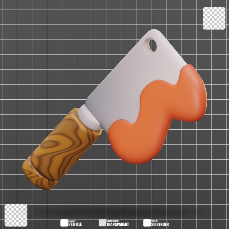 PSD ilustración 3d cuchillo con sustancia naranja en su hoja tiene un mango de madera 3