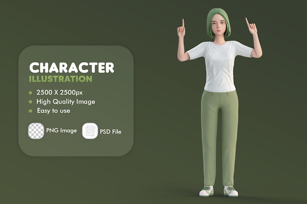 Ilustración 3D de Cute Casual Woman apuntando al uso superior de ambas manos