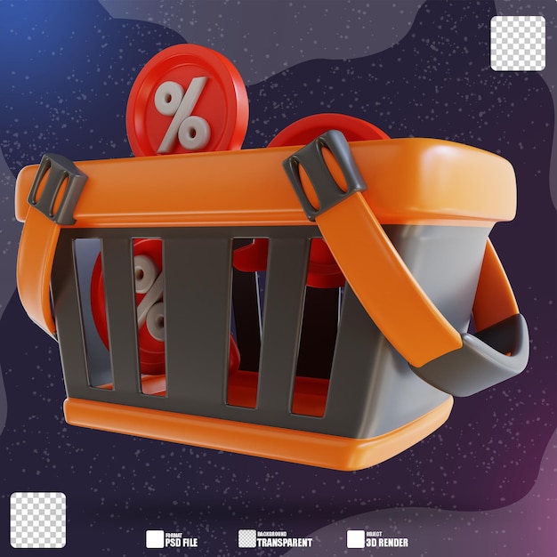 Ilustración 3D descuento y cesta de la compra 2