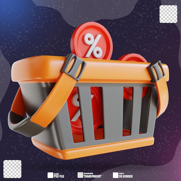 Ilustración 3D descuento y cesta de la compra 3