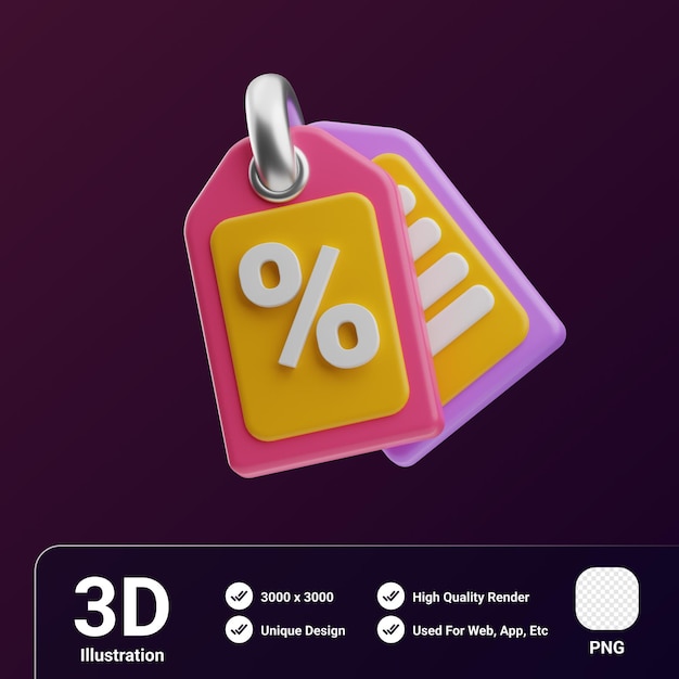 Ilustración 3D de descuento de objetos de compras y comercio electrónico