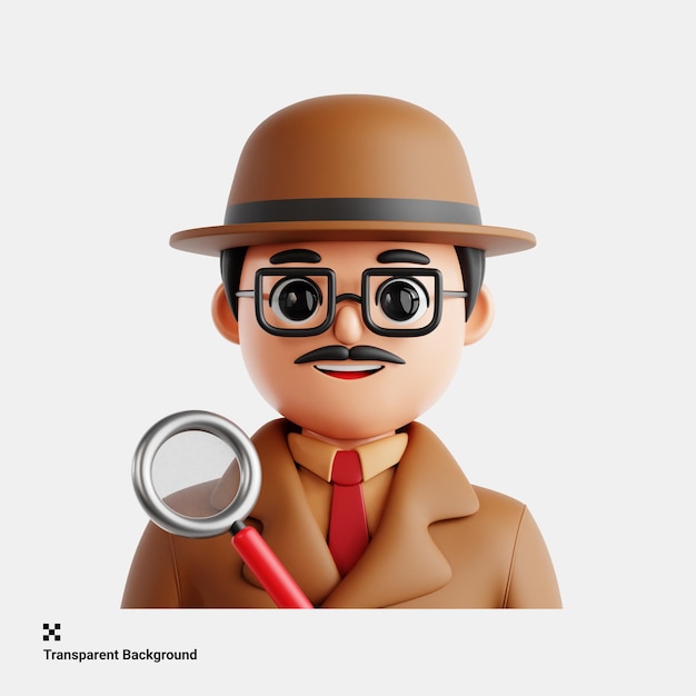 Ilustración en 3d de un detective astuto investigando un caso misterioso