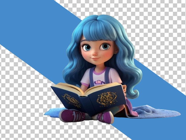 PSD ilustración en 3d de un dibujos animados de una joven morena leyendo un libro