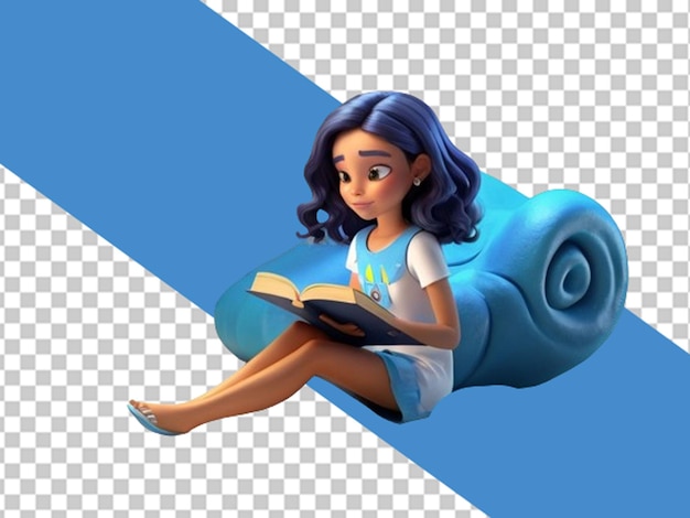 PSD ilustración en 3d de un dibujos animados de una joven morena leyendo un libro