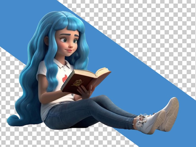 PSD ilustración en 3d de un dibujos animados de una joven morena leyendo un libro