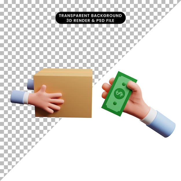 Ilustración 3d de dinero contra reembolso concepto de entrega, caja, mano