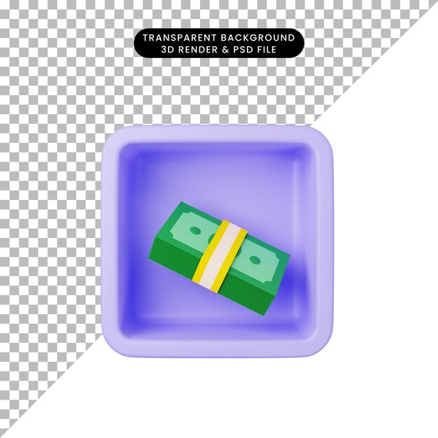 Ilustración 3D de dinero simple icono en cubo