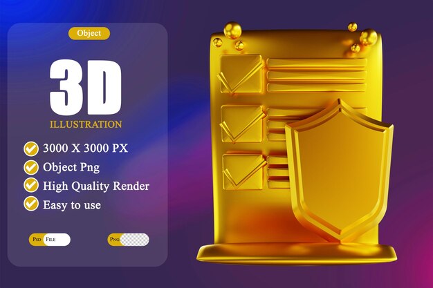 Ilustración 3D documento dorado seguridad 3