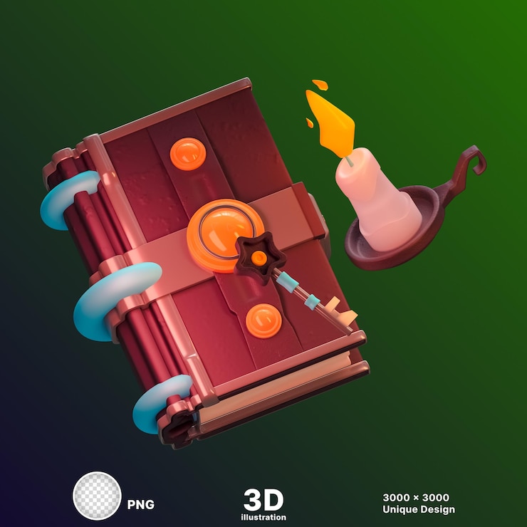 PSD ilustración 3d de dos educadores leyendo un libro de historias con una vela en la parte superior en un fondo transparente