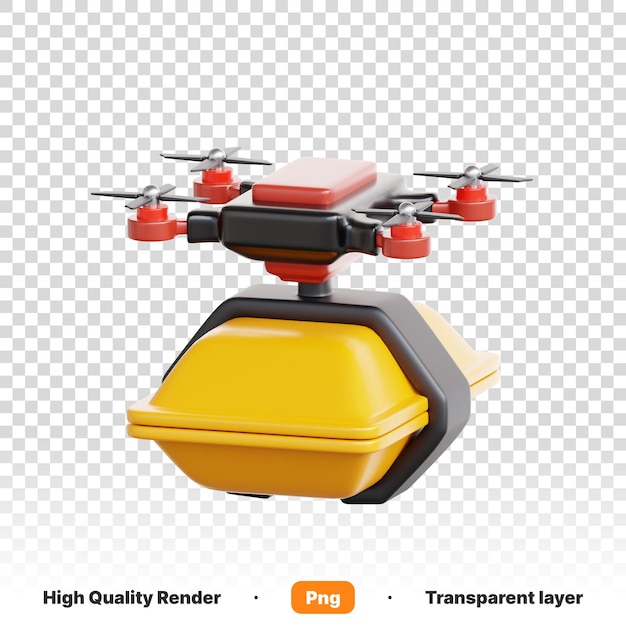 PSD ilustración 3d de un dron amarillo que transporta alimentos para su entrega al cliente en un fondo transparente