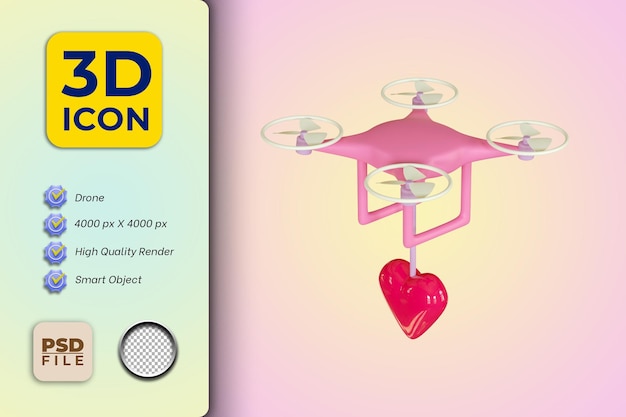 Ilustración 3d Drone con icono de corazón