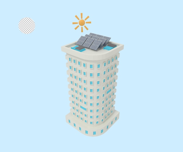 Ilustración 3d de edificio de apartamentos con panel solar