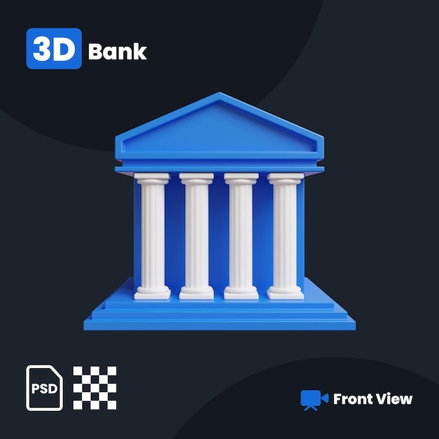 PSD ilustración 3d del edificio del banco con vista frontal