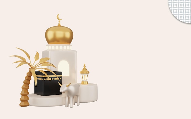 Ilustración 3d de eid al adha dorado con kabah