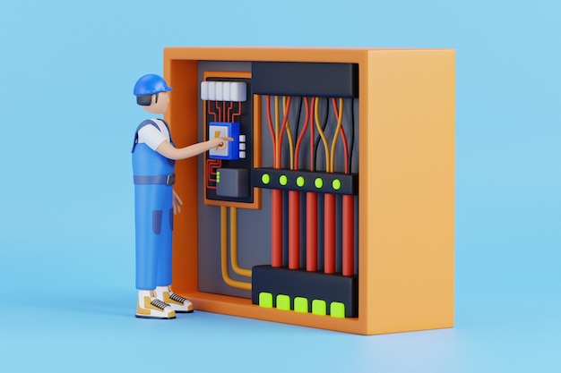 PSD ilustración 3d de un electricista comprobando la caja de circuitos