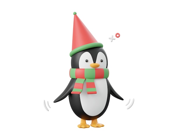 Ilustración 3d de elementos de tema de navidad de pingüino lindo