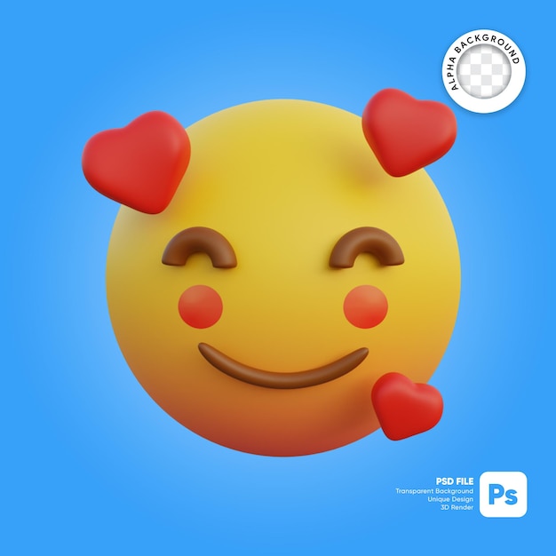 Ilustración 3d emoticon expresión sonriente muy tímido y mejillas rojas ruborizadas con amor