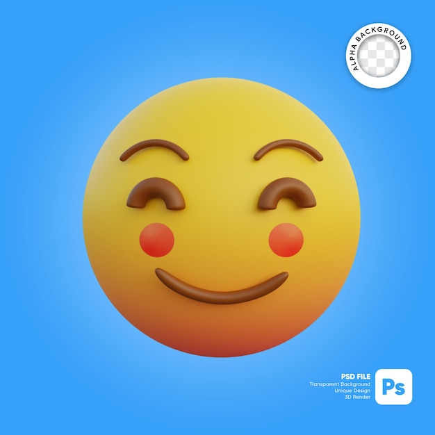 Ilustración 3d emoticon expresión sonriente muy tímido y ruborizado mejillas rojas