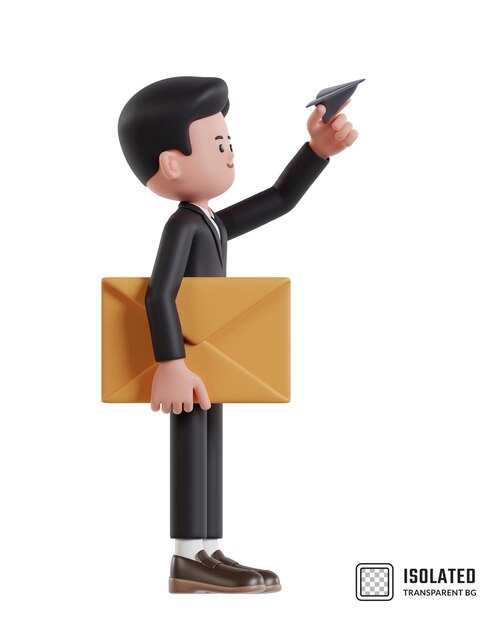 Ilustración 3D de un empresario de dibujos animados enviando un mensaje con un avión de papel