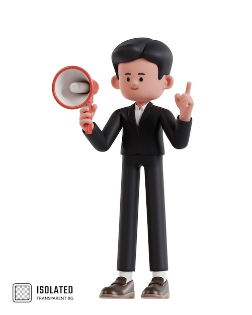 Ilustración 3D de un empresario de dibujos animados sosteniendo un megáfono mientras levanta un dedo