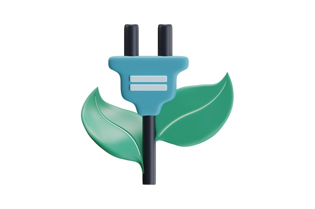Ilustración 3D de enchufe eléctrico ecológico con icono de hojas