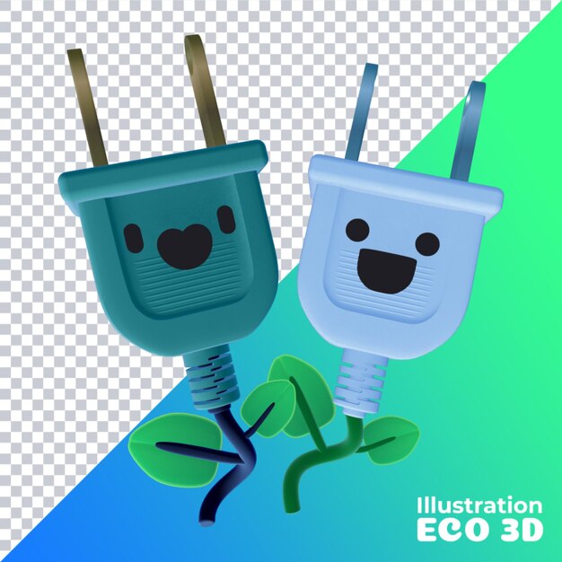 Ilustración 3d de enchufes eléctricos ecológicos 3d