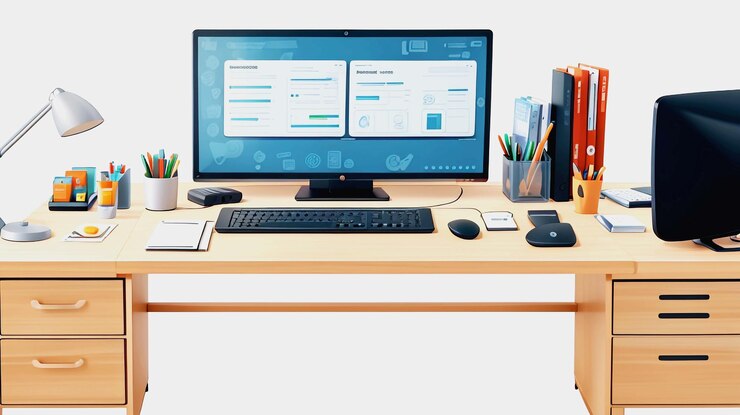PSD ilustración 3d de escritorio y mesa de computadora aislados sobre un fondo blanco