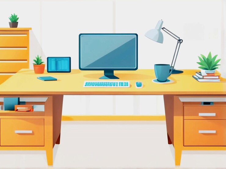 PSD ilustración 3d de escritorio y mesa de computadora aislados sobre un fondo blanco