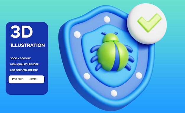 Ilustración 3D del escudo antivirus PSD