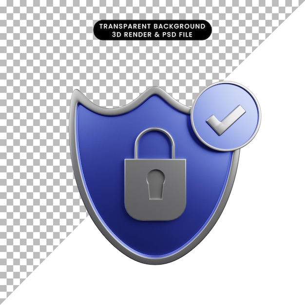 PSD ilustración 3d del escudo del concepto de seguridad con el icono de lista de verificación de candado