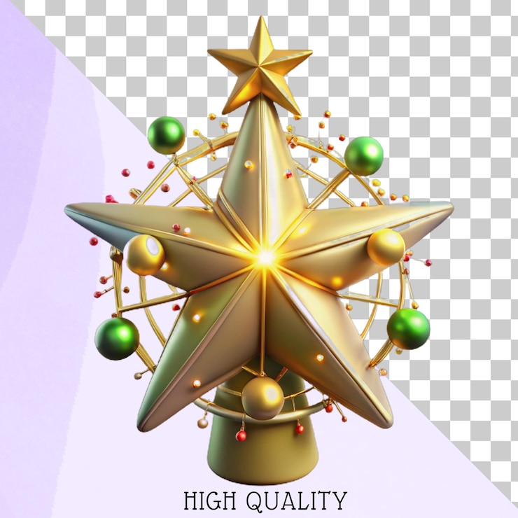 PSD ilustración 3d de una estrella dorada en la parte superior del árbol de navidad con adornos verdes y rojos