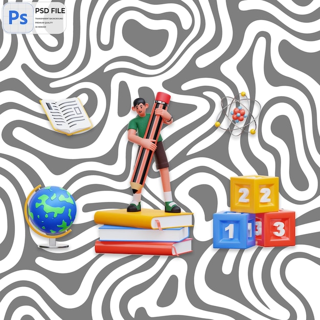 Ilustración 3D del estudiante con el lápiz Render Icon aislado PNG