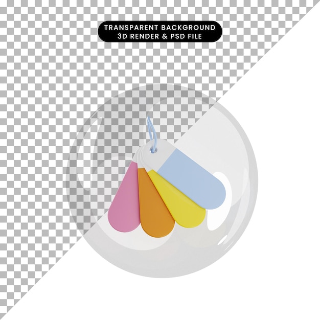 PSD ilustración 3d de la etiqueta de color del objeto dentro de las burbujas
