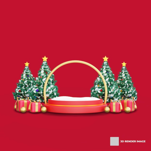 Ilustración en 3D de una exhibición navideña festiva con un podio decorativo