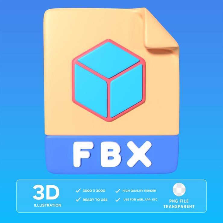PSD ilustración 3d de la extensión de archivo fbx de psd