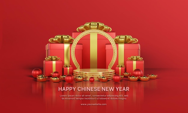 Ilustración 3d Feliz año nuevo chino con podios vacíos y caja de regalo