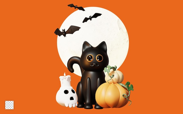 Ilustración 3d de feliz halloween con gato negro