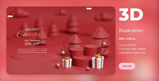 Ilustración 3d feliz navidad, con podio, lámpara y caja de premios, utilizada para web, aplicaciones, pancartas, etc.