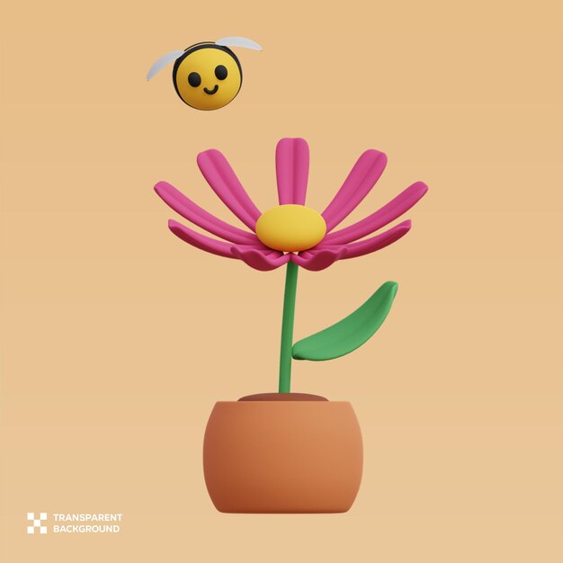 Ilustración 3D de la flor y la abeja de PSD