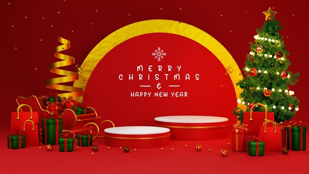 Ilustración 3d Fondo de navidad y año nuevo cartel de banner de tarjeta de felicitación de podio 3d