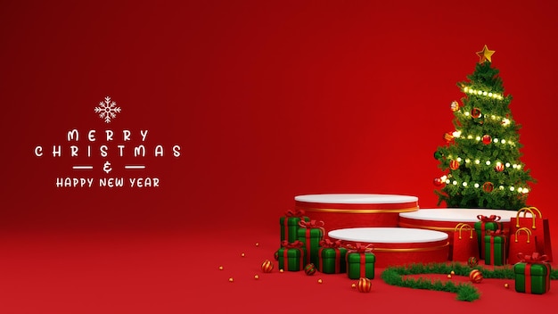 Ilustración 3d Fondo de navidad y año nuevo cartel de banner de tarjeta de felicitación de podio 3d